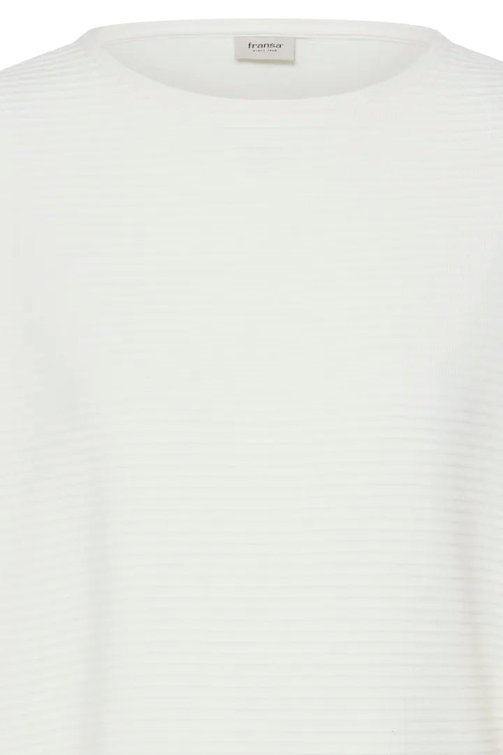 Close-up of a white ribbed knit top with a crew neckline and a small visible neck label reading 'fashion'.