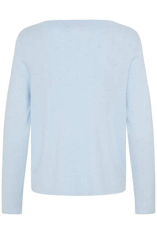 A light blue long-sleeve knit top with a subtle dotted jacquard pattern, shown from the back on a plain white background.