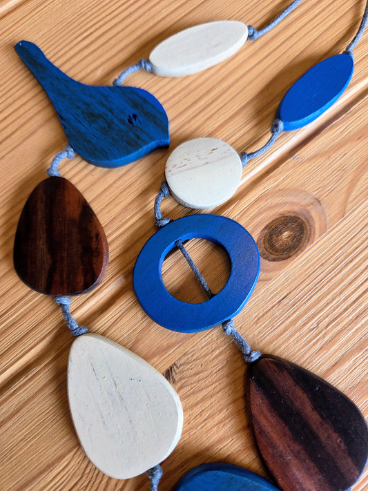 Necklace with blue, brown, and beige beads