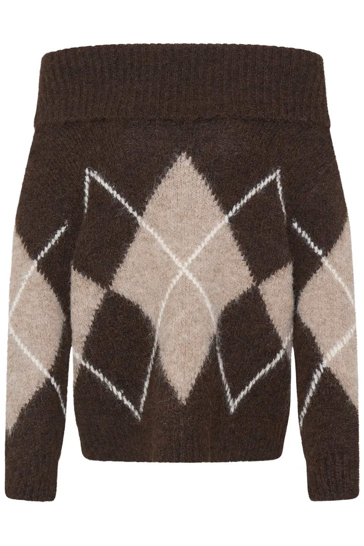 A dark brown knit sweater with a classic argyle pattern featuring beige diamonds outlined in white, shown against a plain white background.
