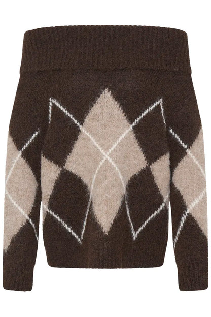 A dark brown knit sweater with a classic argyle pattern featuring beige diamonds outlined in white, shown against a plain white background.