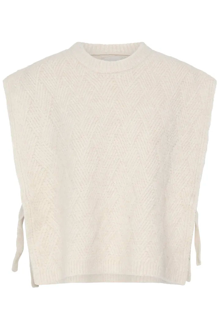 An off-white knit sweater vest with a textured chevron pattern, featuring a crew neck and side tie details, shown against a plain white background.