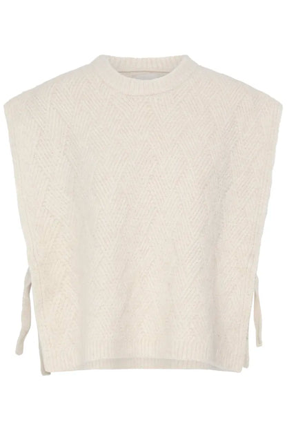 An off-white knit sweater vest with a textured chevron pattern, featuring a crew neck and side tie details, shown against a plain white background.