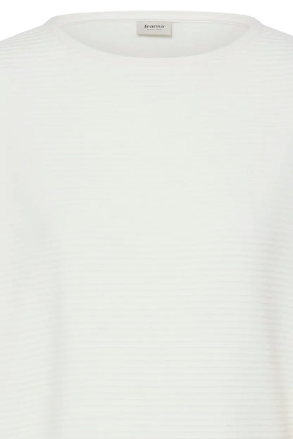 Close-up of a white ribbed knit top with a crew neckline and a small visible neck label reading 'fashion'.
