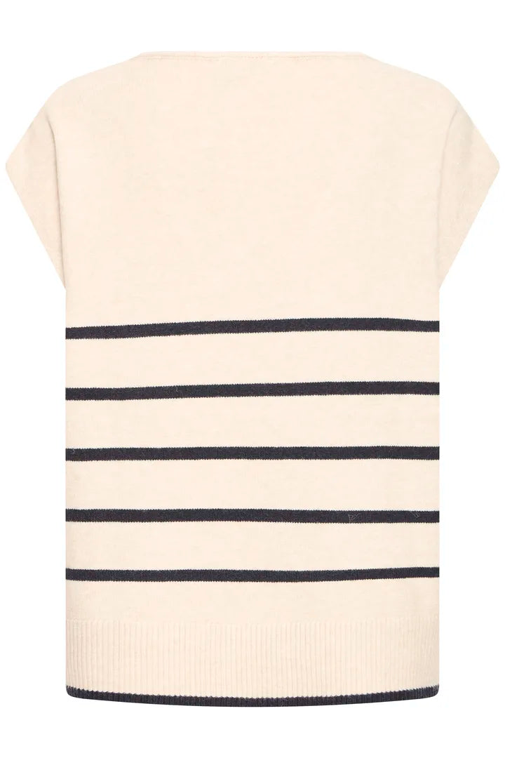 A cream-colored knit sweater with horizontal Navy stripes across the lower half, featuring short sleeves and a ribbed hem.