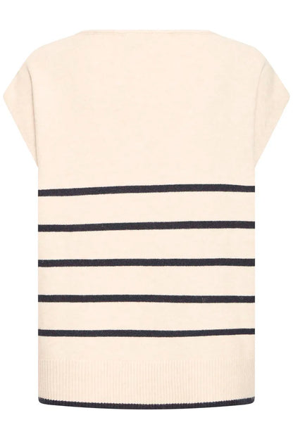 A cream-colored knit sweater with horizontal Navy stripes across the lower half, featuring short sleeves and a ribbed hem.