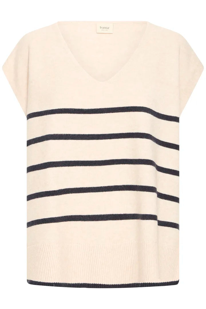 An off-white V-neck knit sweater with horizontal navy stripes across the chest and sleeves, shown flat against a white background.