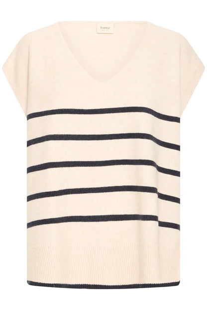 An off-white V-neck knit sweater with horizontal navy stripes across the chest and sleeves, shown flat against a white background.