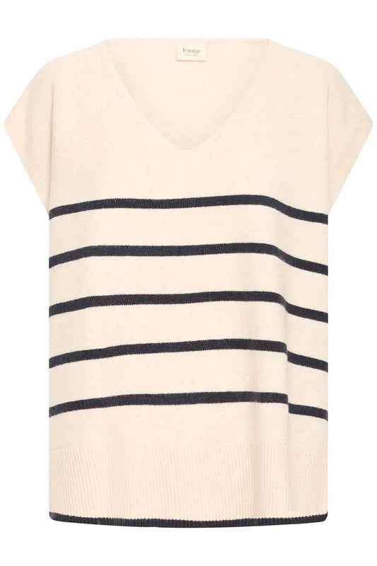 An off-white V-neck knit sweater with horizontal navy stripes across the chest and sleeves, shown flat against a white background.