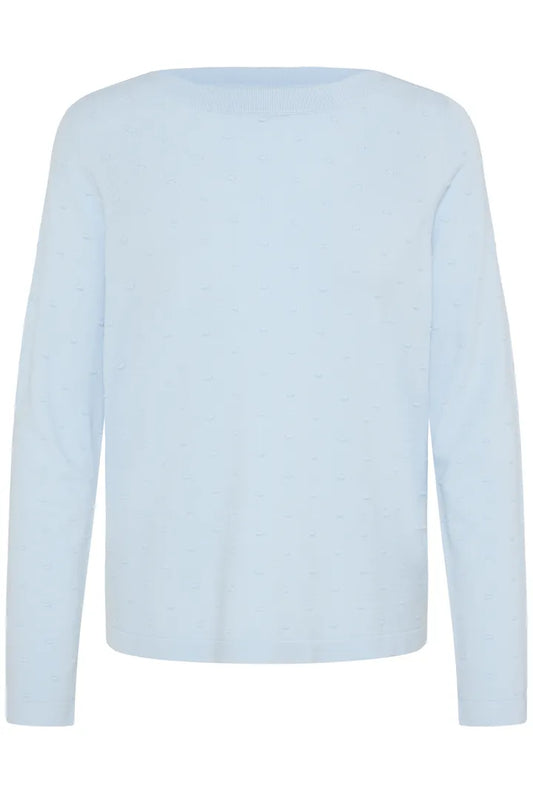 A light blue long-sleeve knit top with a crew neck, shown against a plain white background.