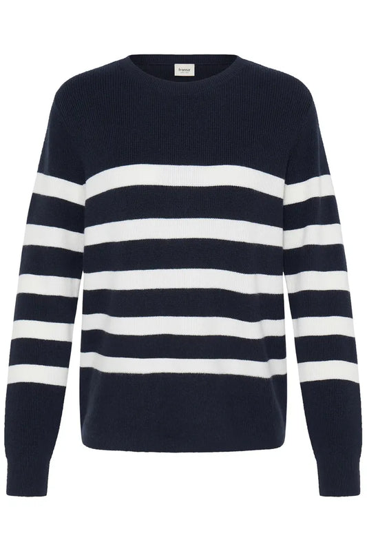 A navy blue and white horizontally striped knit sweater with long sleeves, shown against a plain white background.