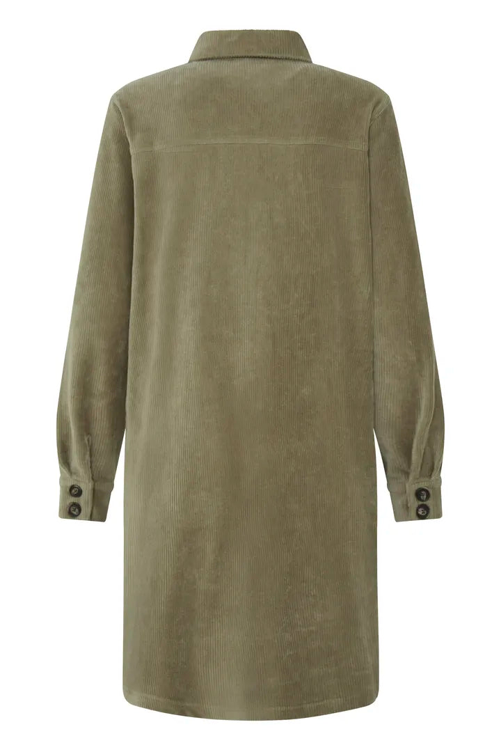 An olive green long-sleeve shirt jacket shown from the back, featuring a collar and button details on the cuffs, set against a plain white background.