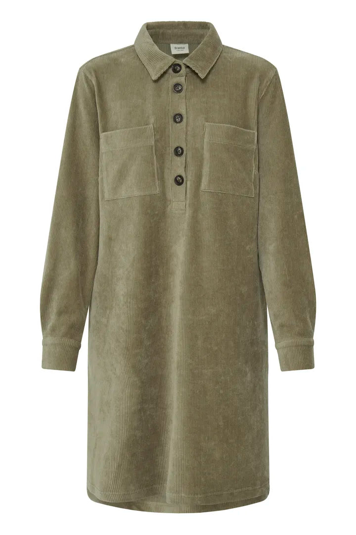 An olive green corduroy shirt dress with a button-down front, collar, and two chest pockets, shown against a plain white background.