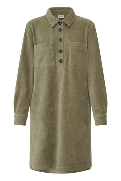 An olive green corduroy shirt dress with a button-down front, collar, and two chest pockets, shown against a plain white background.