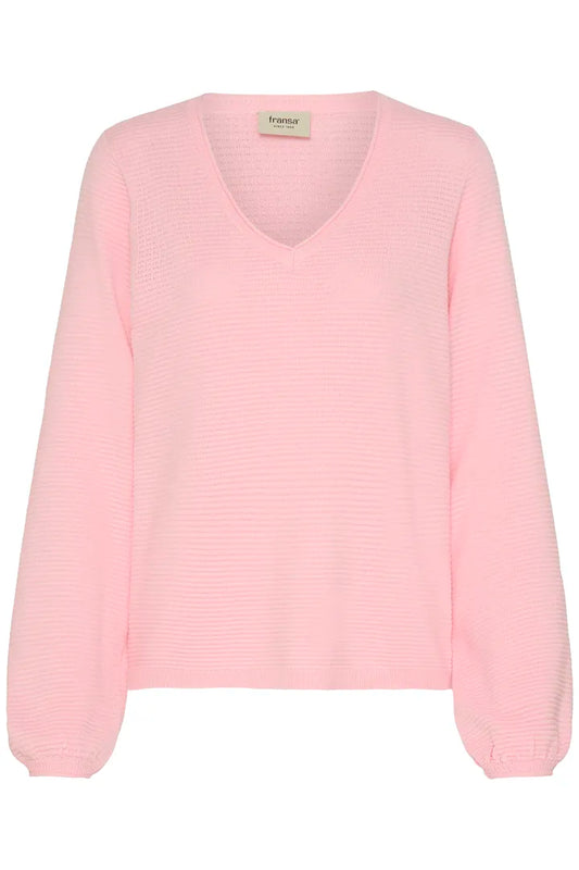 A light pink ribbed knit sweater with a V-neck and long sleeves, shown flat against a white background.