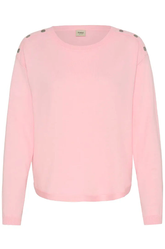 A light pink long-sleeve crewneck sweater with silver metallic shoulder buttons, shown against a plain white background.