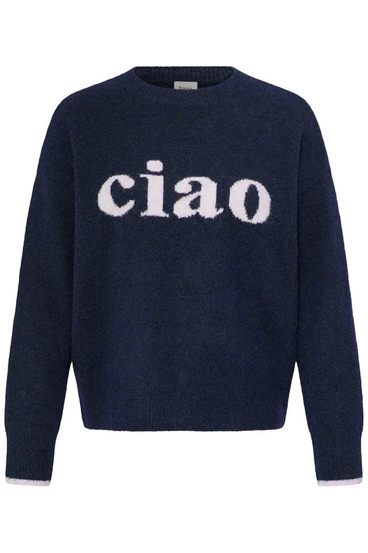 A Navyblue heathered knit sweater with the word 'ciao' knitted in large cream-coloured letters across the chest, displayed on a solid white background.