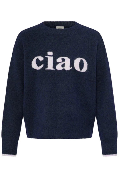 A Navyblue heathered knit sweater with the word 'ciao' knitted in large cream-coloured letters across the chest, displayed on a solid white background.