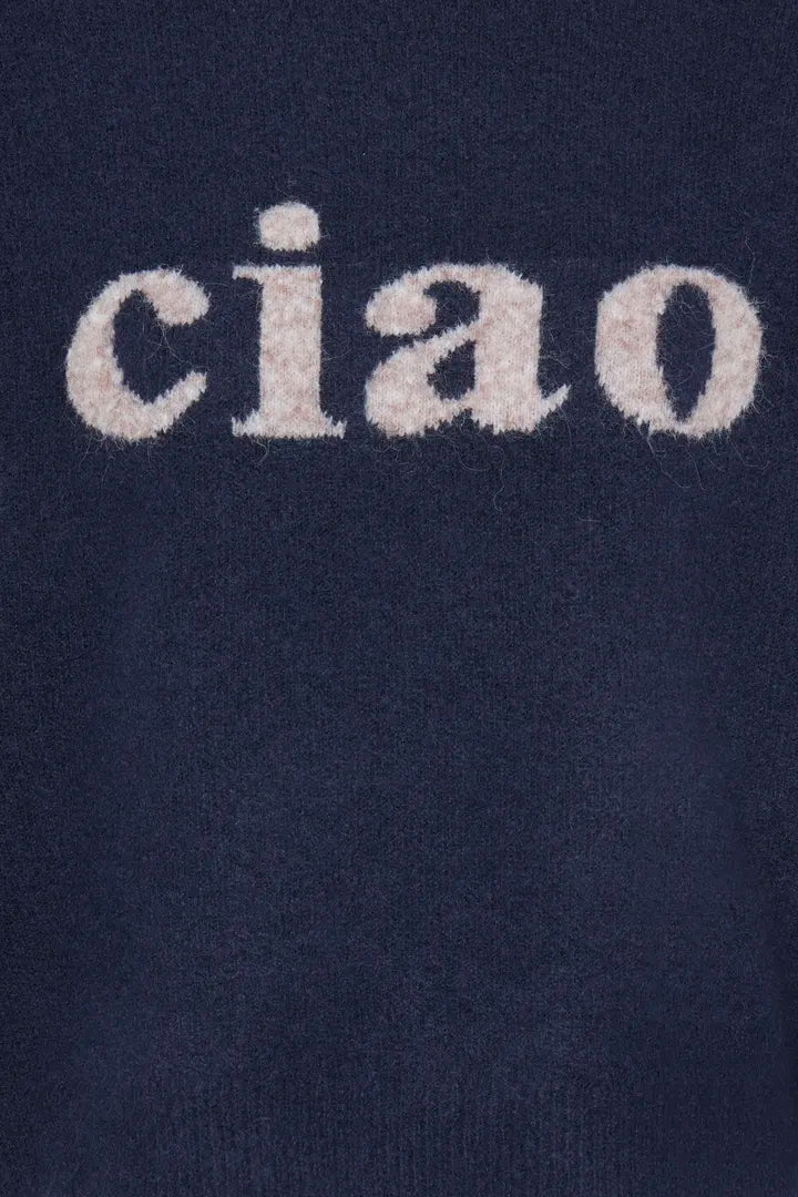 Navy blue fabric with 'ciao' embroidered in white
