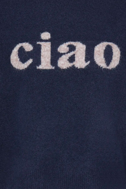 Navy blue fabric with 'ciao' embroidered in white