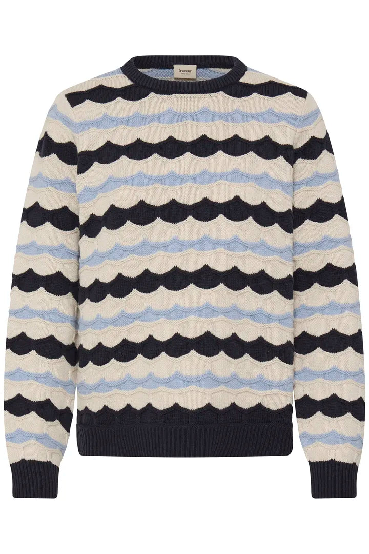A long-sleeve crewneck sweater featuring horizontal wavy stripes in navy blue, light blue, and cream, with solid navy ribbed trim at the collar, cuffs, and hem.
