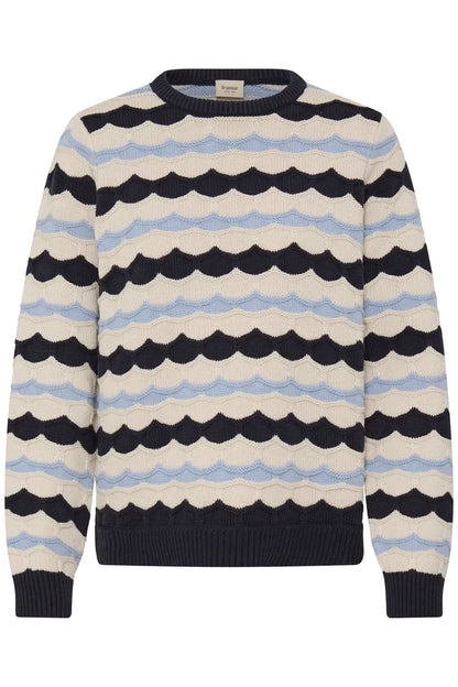 A long-sleeve crewneck sweater featuring horizontal wavy stripes in navy blue, light blue, and cream, with solid navy ribbed trim at the collar, cuffs, and hem.