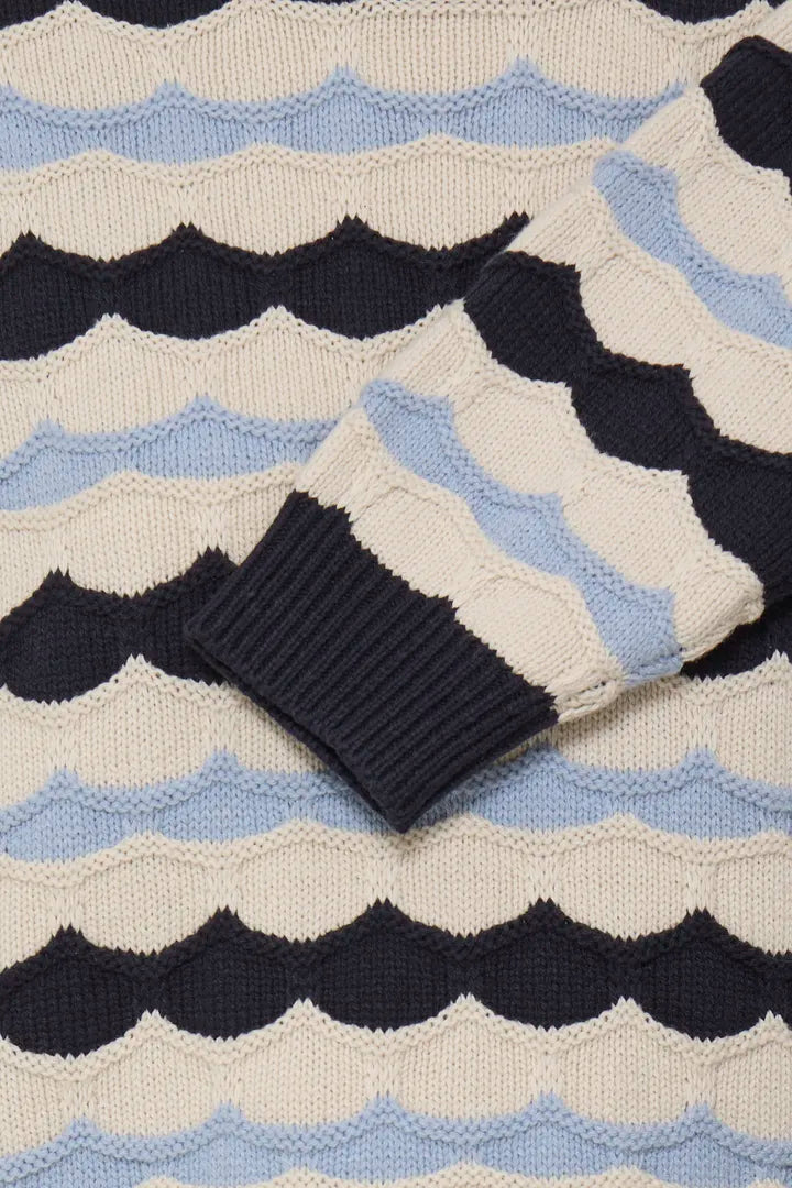Close-up of a knit sweater with a repeating wavy scallop pattern in cream, light blue, and dark navy, featuring a ribbed navy cuff.