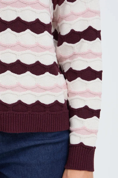 Close-up of a person wearing a textured knit sweater with horizontal wavy stripes in burgundy, light pink, and off-white, paired with dark blue jeans.