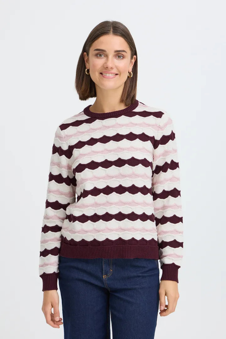 A woman wearing a knit crewneck sweater with horizontal wavy stripes in dark burgundy and light pink, paired with dark blue jeans, against a plain light gray background.