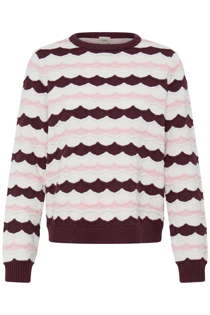 A crewneck knit sweater with horizontal wavy stripes in dark burgundy, light pink, and white, shown against a plain white background.