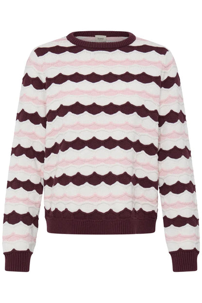 A crewneck knit sweater with horizontal wavy stripes in dark burgundy, light pink, and white, shown against a plain white background.