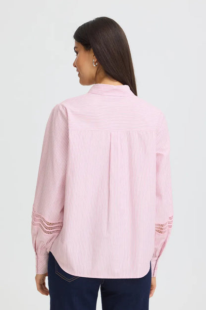 lady weraing A light pink and white vertically striped long-sleeve button-up shirt with textured pink lace detailing on the cuffs, 