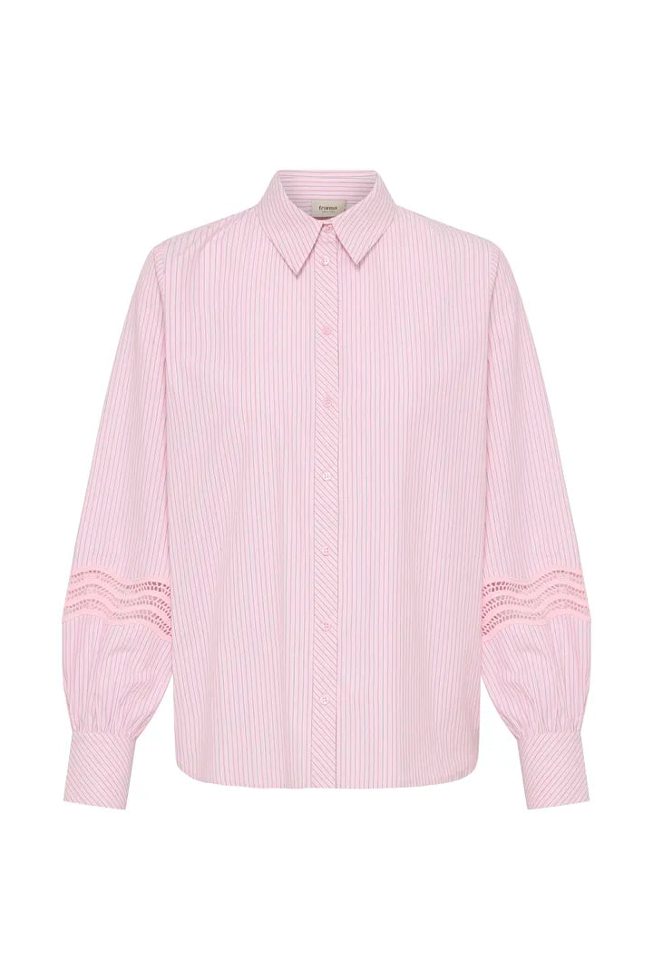 A light pink and white vertically striped long-sleeve button-up shirt with textured pink lace detailing on the cuffs, shown against a plain white background.