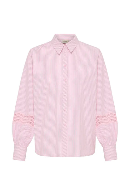 A light pink and white vertically striped long-sleeve button-up shirt with textured pink lace detailing on the cuffs, shown against a plain white background.
