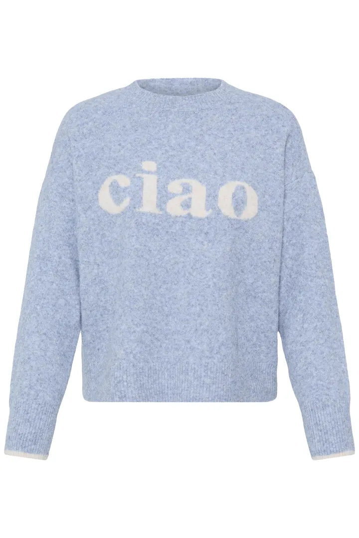 A light blue heathered knit sweater with the word 'ciao' knitted in large cream-colored letters across the chest, displayed on a solid white background.