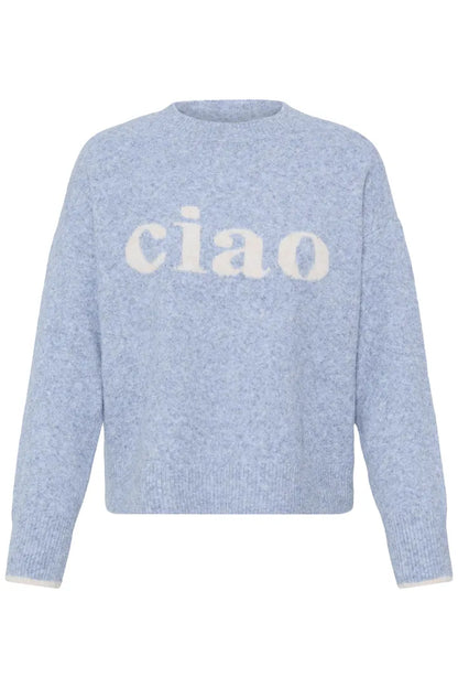 A light blue heathered knit sweater with the word 'ciao' knitted in large cream-colored letters across the chest, displayed on a solid white background.