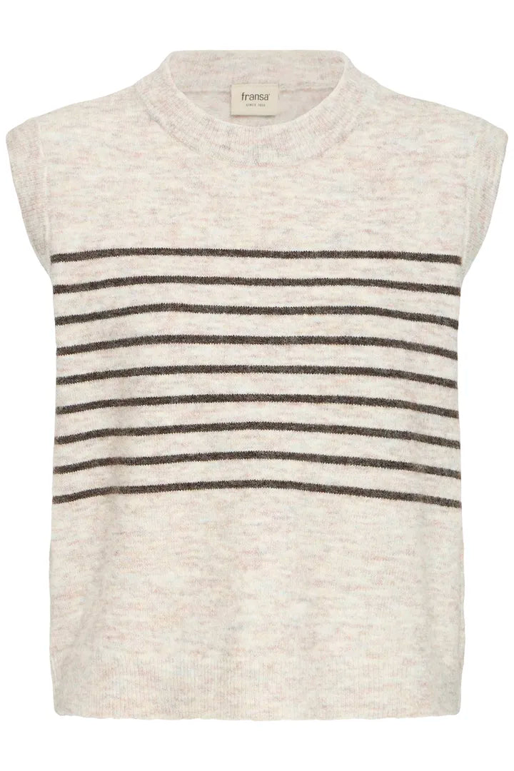 A sleeveless knit sweater vest in a light oatmeal-beige color, featuring horizontal dark brown stripes across the chest, photographed on a solid white background.