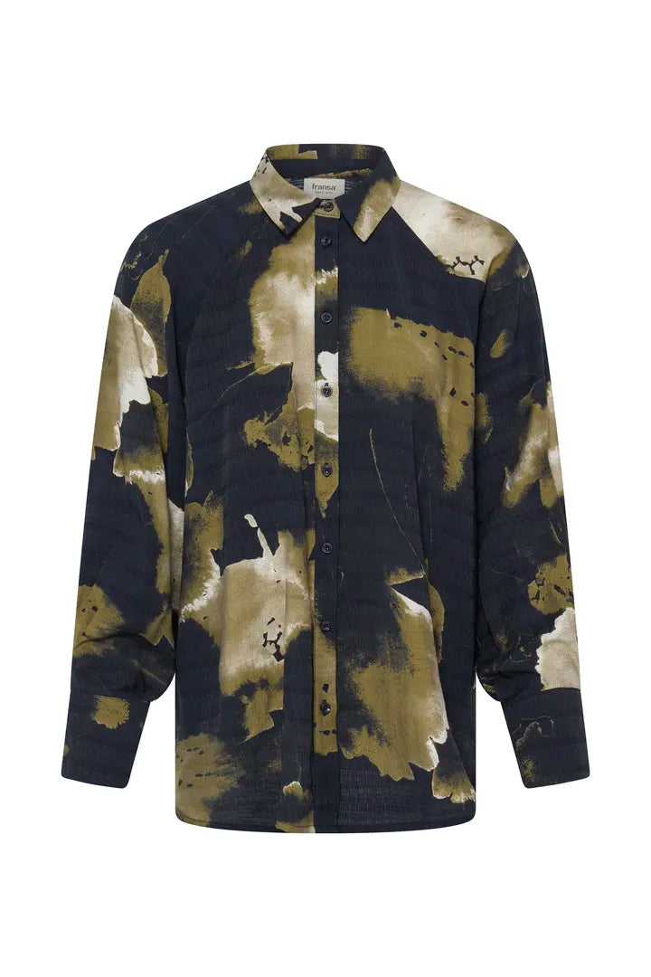 A long-sleeve button-up shirt with an abstract watercolor-style print in navy blue, olive green, and cream, displayed on a clean white background.