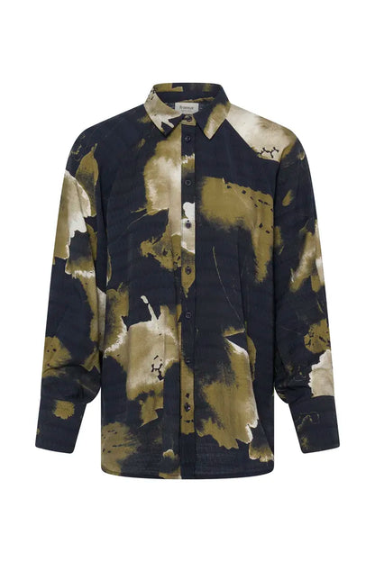 A long-sleeve button-up shirt with an abstract watercolor-style print in navy blue, olive green, and cream, displayed on a clean white background.