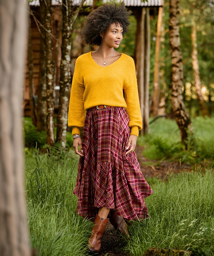 Checked Asymmetric Hem Maxi Skirt