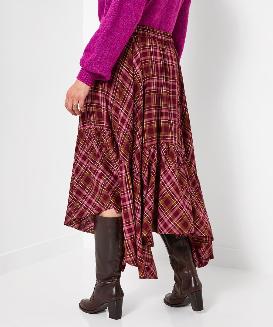 Checked Asymmetric Hem Maxi Skirt