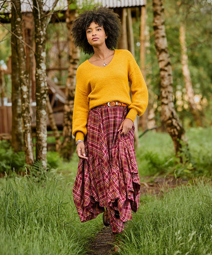 Checked Asymmetric Hem Maxi Skirt