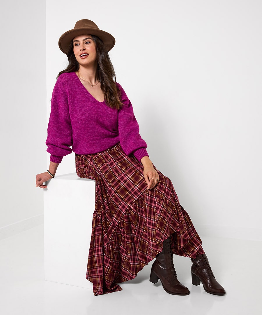 Checked Asymmetric Hem Maxi Skirt
