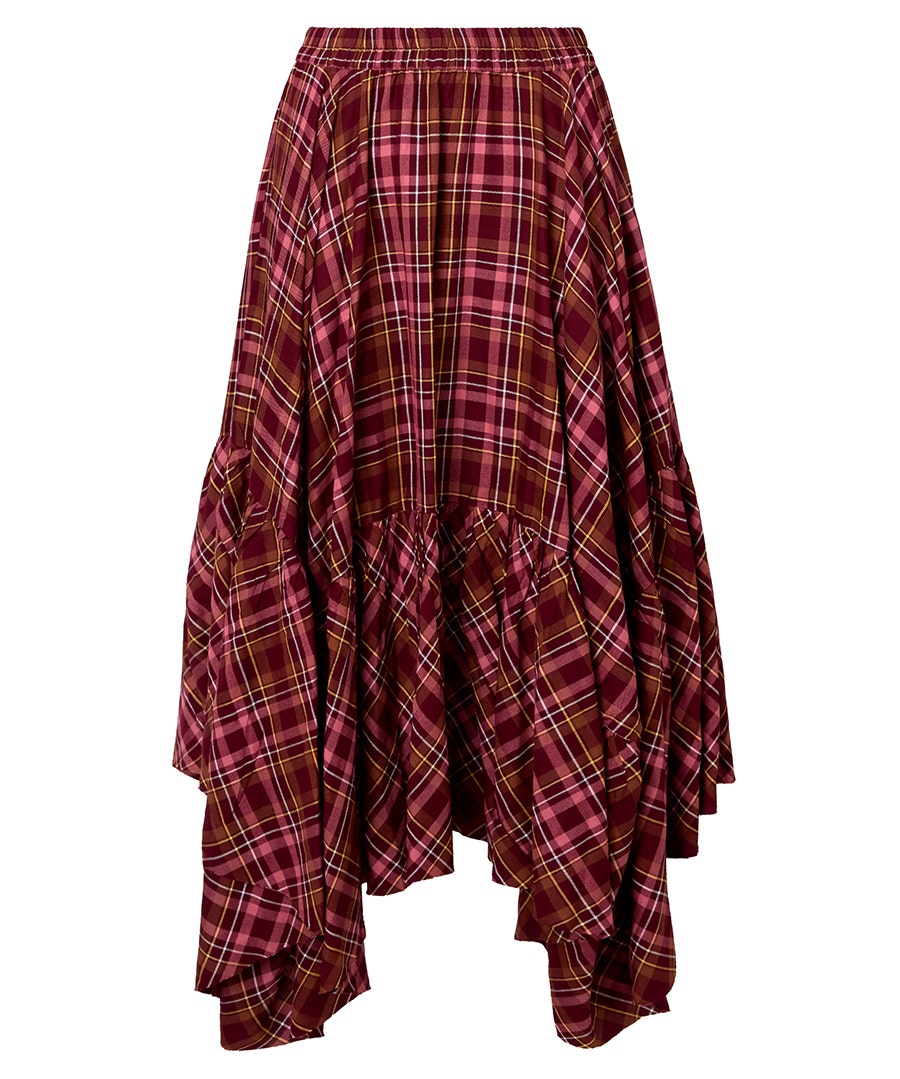 Checked Asymmetric Hem Maxi Skirt