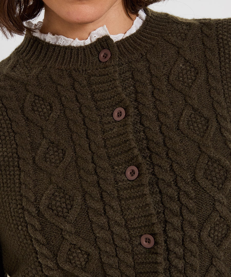 Claudia Woven Trim Cable Knit Cardigan