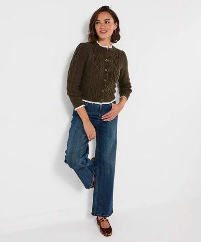 Claudia Woven Trim Cable Knit Cardigan