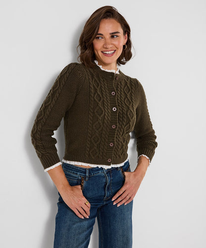 Claudia Woven Trim Cable Knit Cardigan
